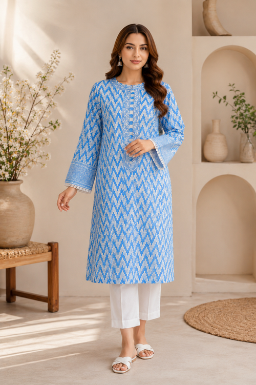 Blue Printed Lawn Kurta