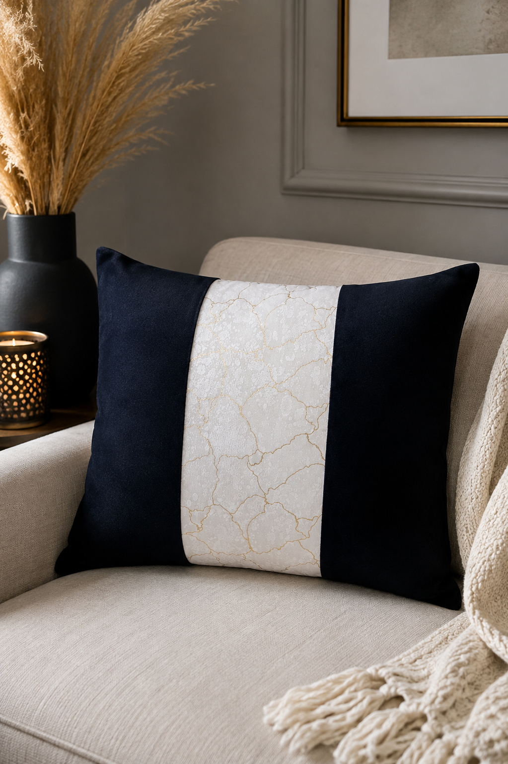 Luxury Black & Marble Stripe Cushion
