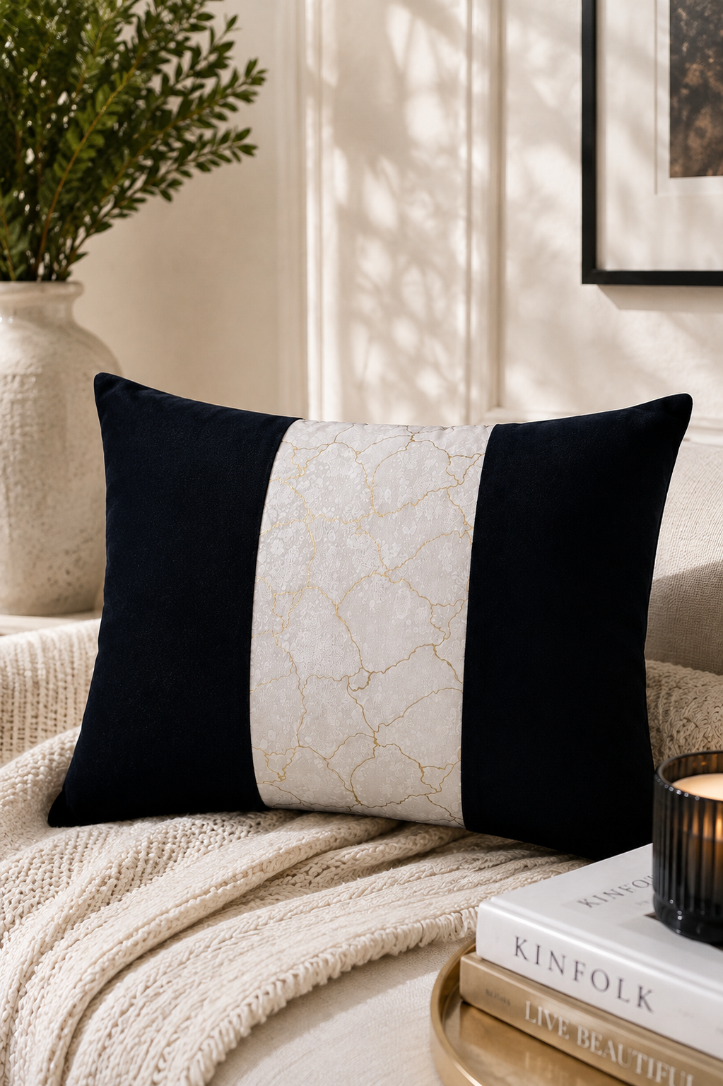 Luxury Black & Marble Stripe Cushion