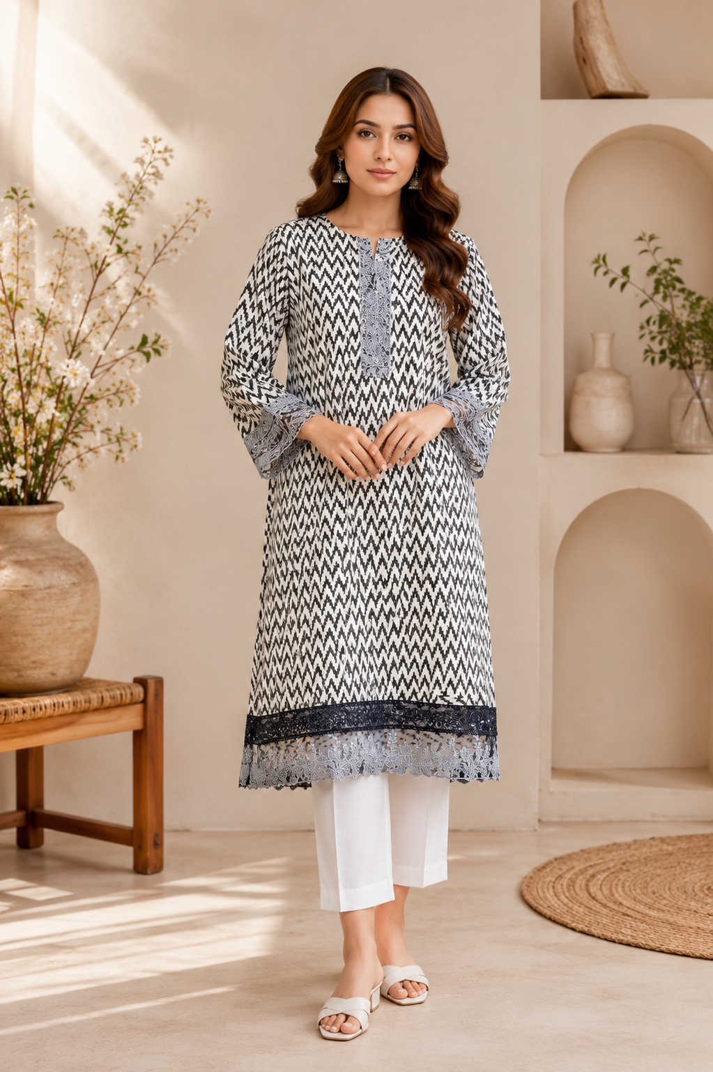 Black & White Printed Lawn Kurta