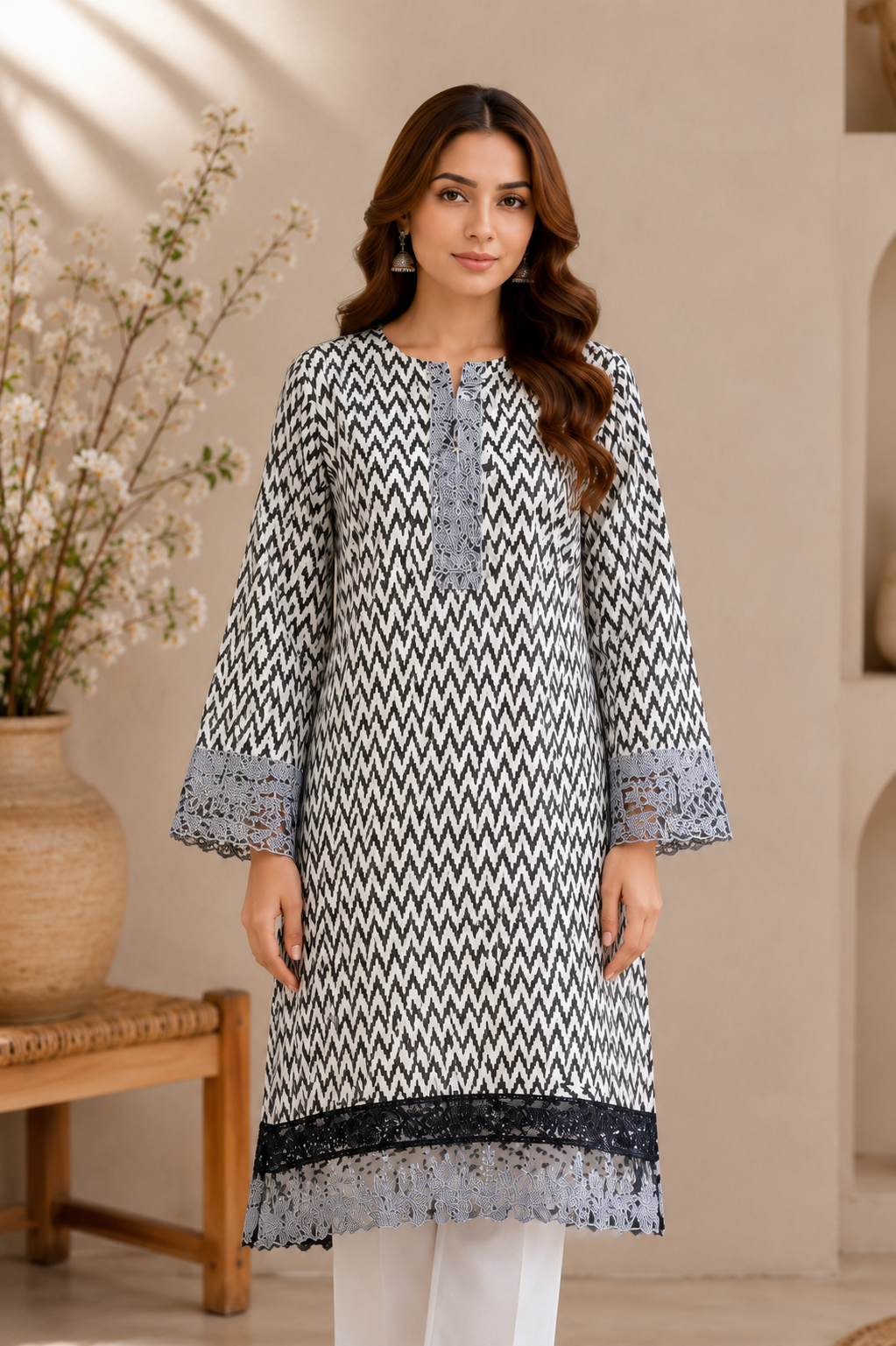 Black & White Printed Lawn Kurta