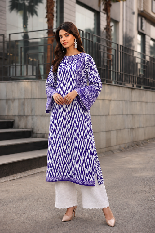 Blue & White Printed Lawn Kurta Only