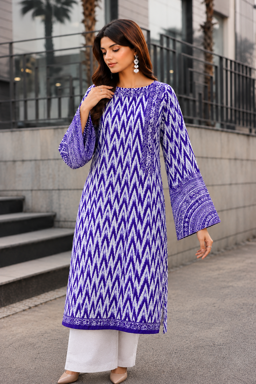 Blue & White Printed Lawn Kurta Only