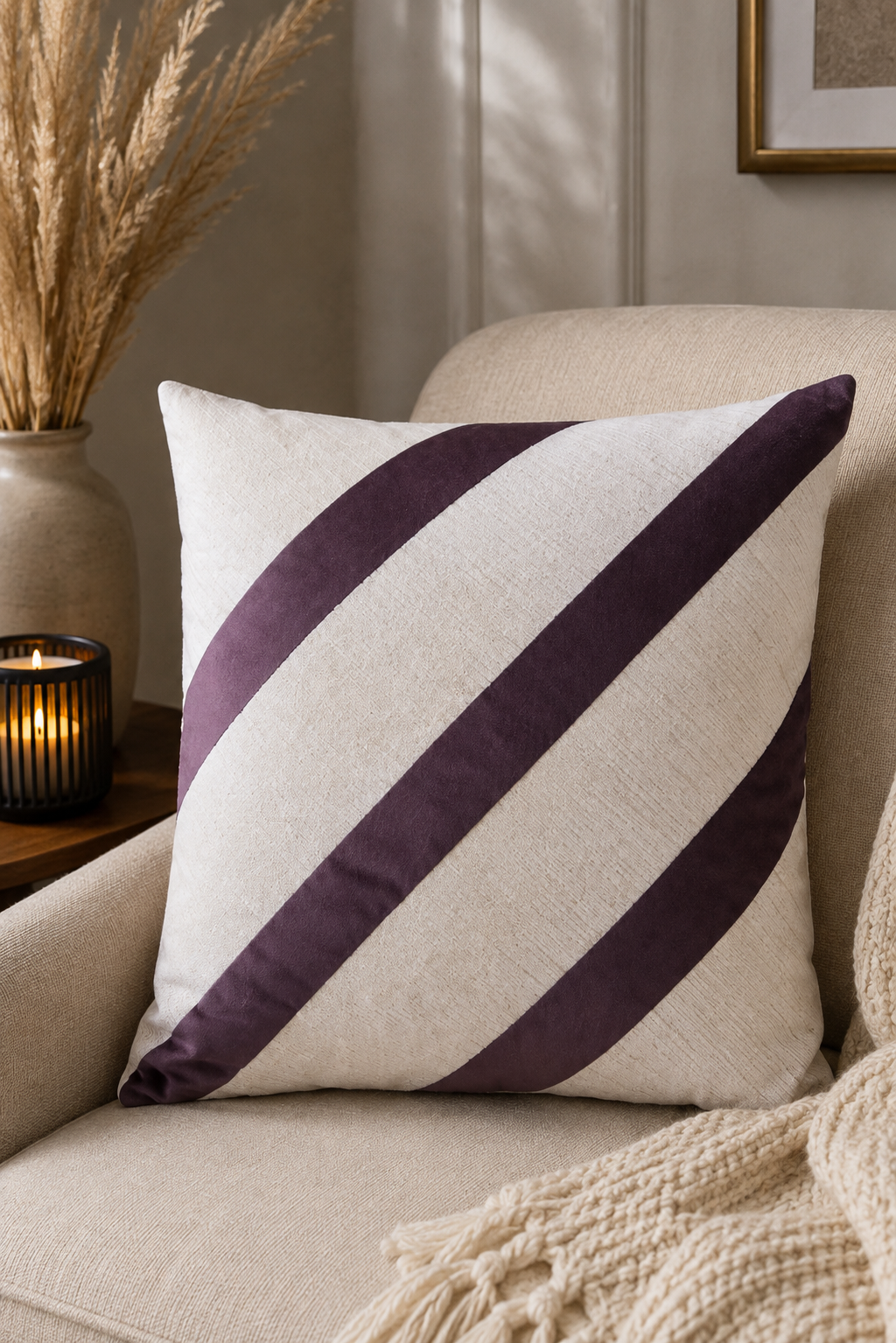 Luxury Cream & Plum Diagonal Stripe Cushion