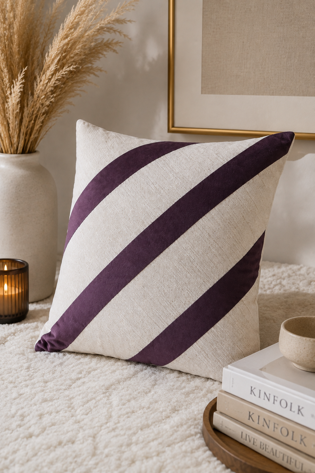 Luxury Cream & Plum Diagonal Stripe Cushion