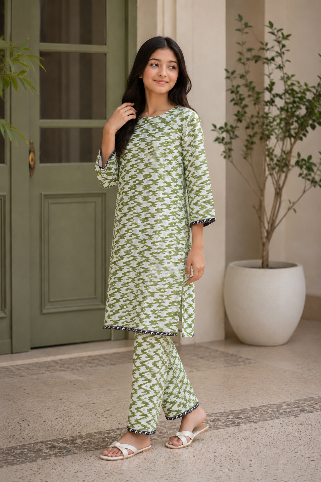 Girls Premium Green Printed Two Piece Suit