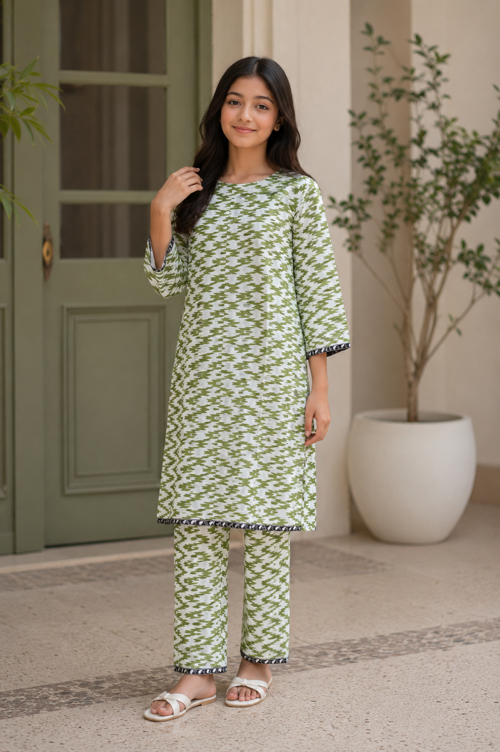 Girls Premium Green Printed Two Piece Suit