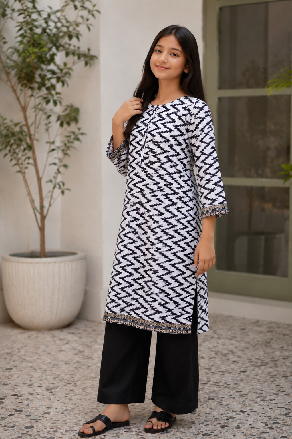 Girls Premium Black & White Printed Two Piece Suit